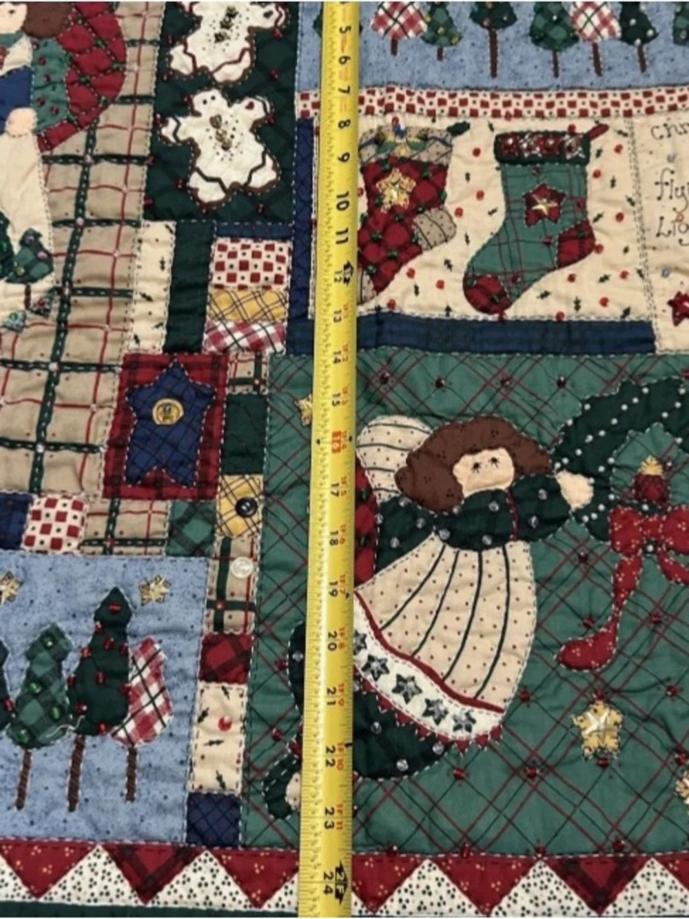 25x31 Vintage Handmade Quilt Wall Hanging Old World Angels Embroidered W Beads